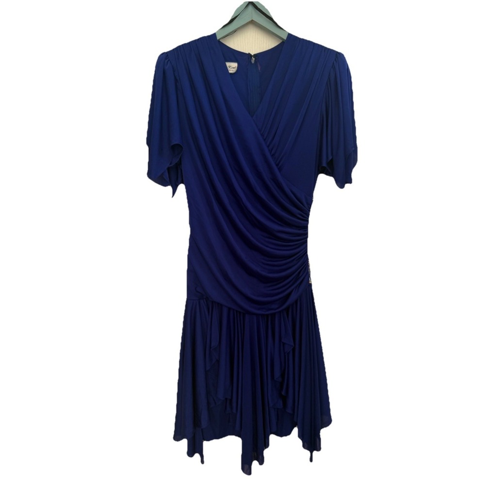 Vintage 80s Abby Kent Ruched Party Dress Size 10 Rhinestone Blue Short‎ Sleeve